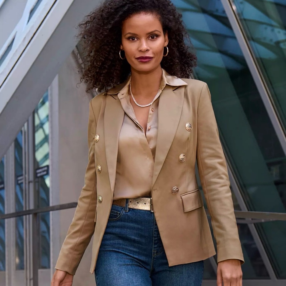 Modern Double Breasted Blazer with Gold Accents Camel, Boston Proper